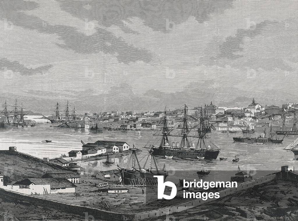 View of the port of Mahon in Spain, 1884 (engraving)
