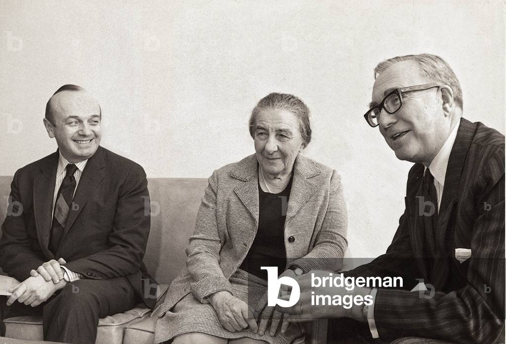 Portrait of Yosef Tekoah (1925-), Permanent Representative of Israel to the United Nations Office (left), Golda Meir Centre (1898-1978), Prime Minister of Israel and Edvard Hambro (1911-1977), Norwegian President of the United Nations General Assembly. Photograph 30/10/1970, New York.