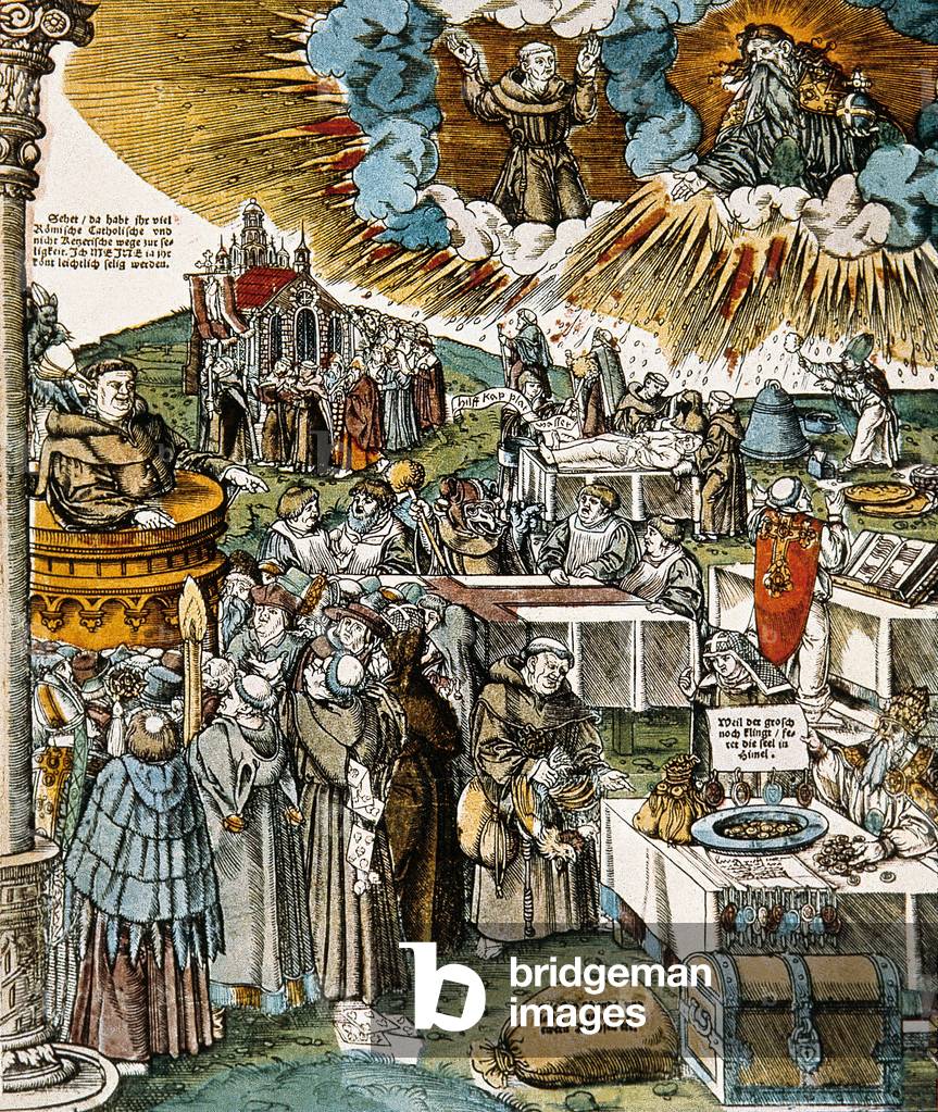 Protestant reform, a German illustration that denounces the exces and corruption of the Catholic Church. Etching from 1538.