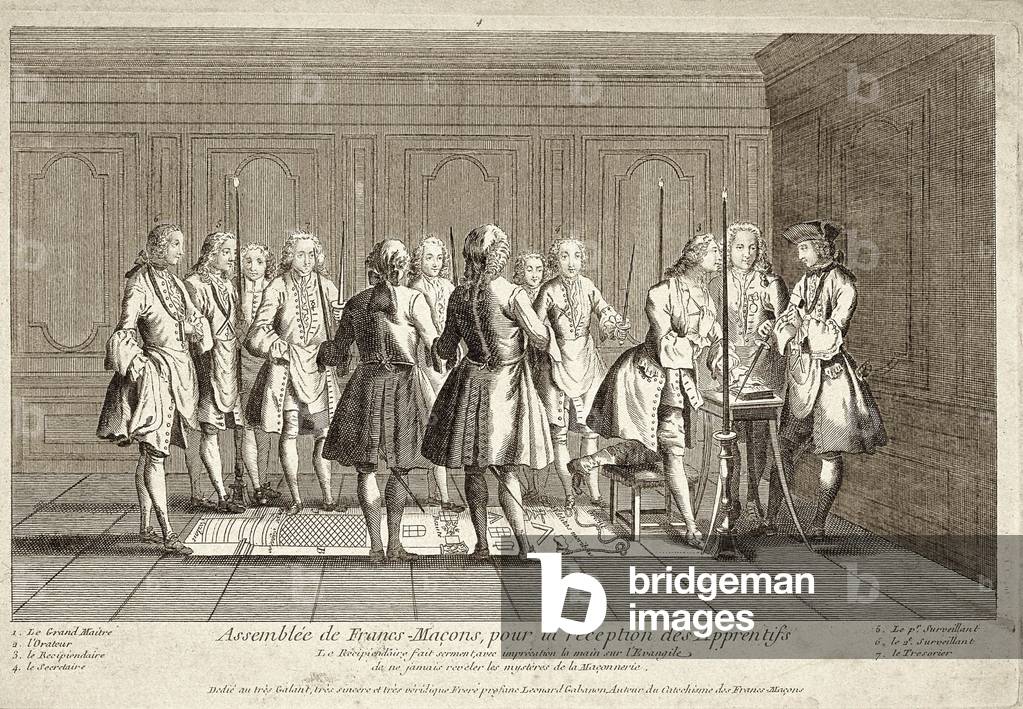 Assembly of francs macons for the reception of apprentices (engraving)