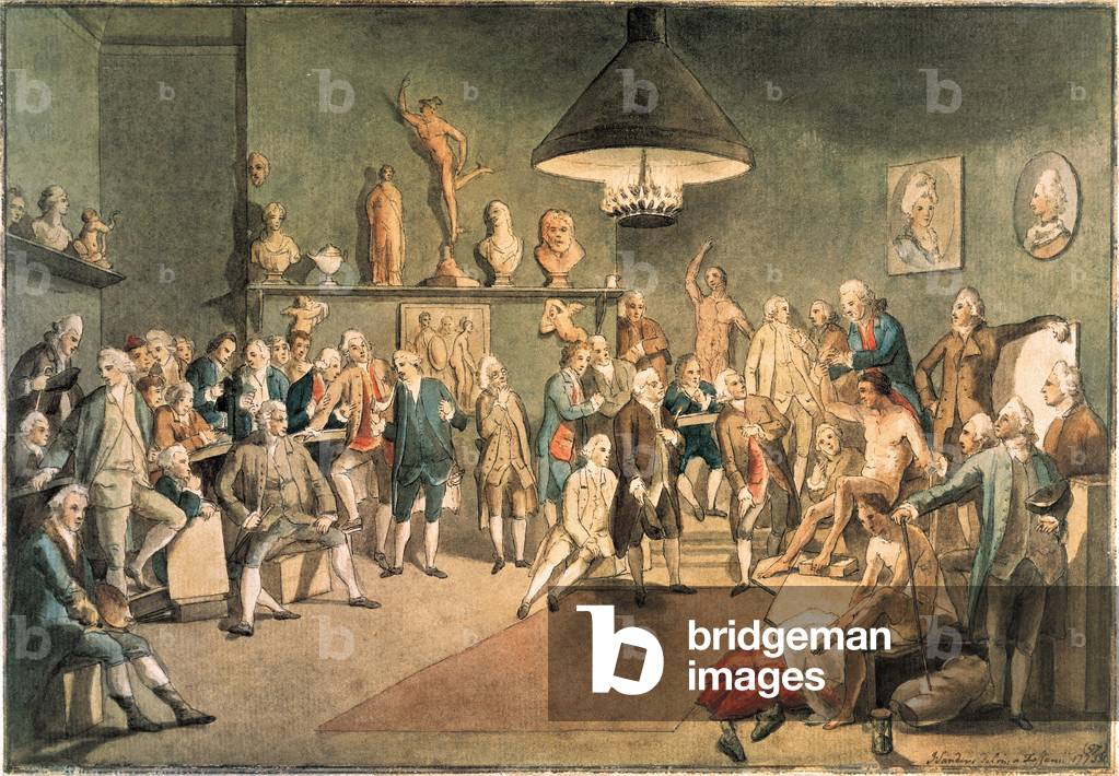 The academicians of The Royal Academy in London, copy after a painting by Johann Zoffany (1733-1810), 1773 (watercolour)