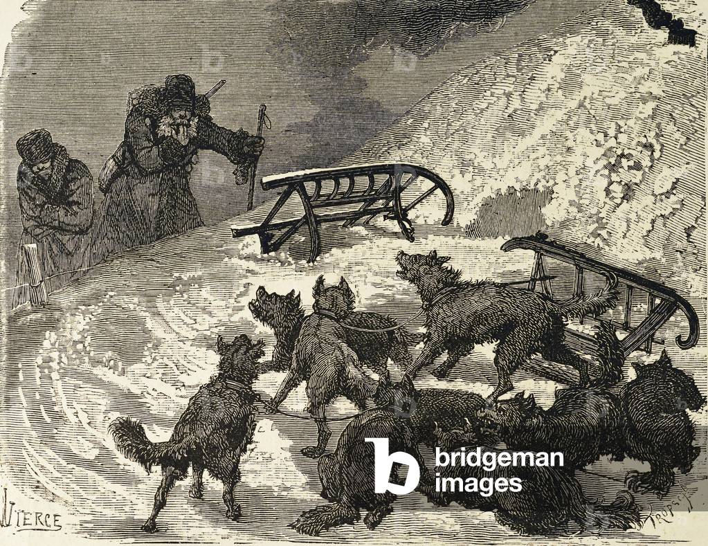 Siberia. Sleigh overturned, russian artist  (Engraving),