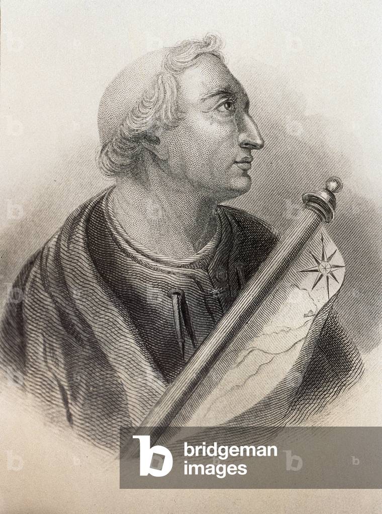 Portrait of Amerigo Vespucci (1454 - 1512), Italian navigator. Engraving. 1871