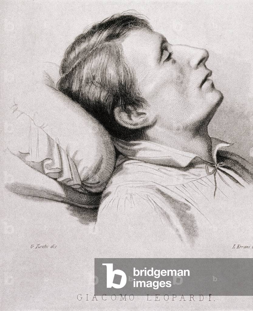 The Italian poet Giacomo Leopardi (1798-1837) on his deathbed. Engraving of the 19th century