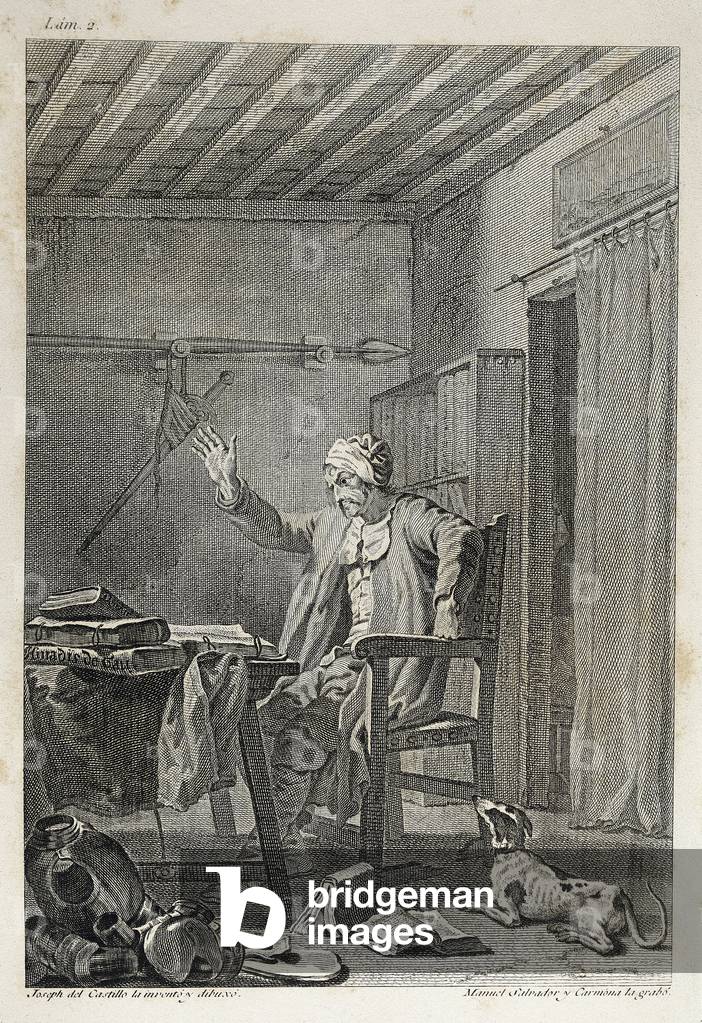 The character and the quete of the famous gentleman Don Quixote (Quijote), 1780 (engraving)