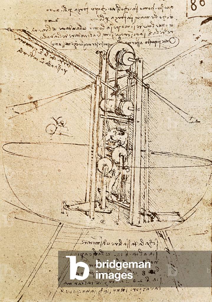 Vertically Standing Bird's-winged Flying Machine, fol. 80r from Paris Manuscript B, 1488-90 (pen and ink on paper)
