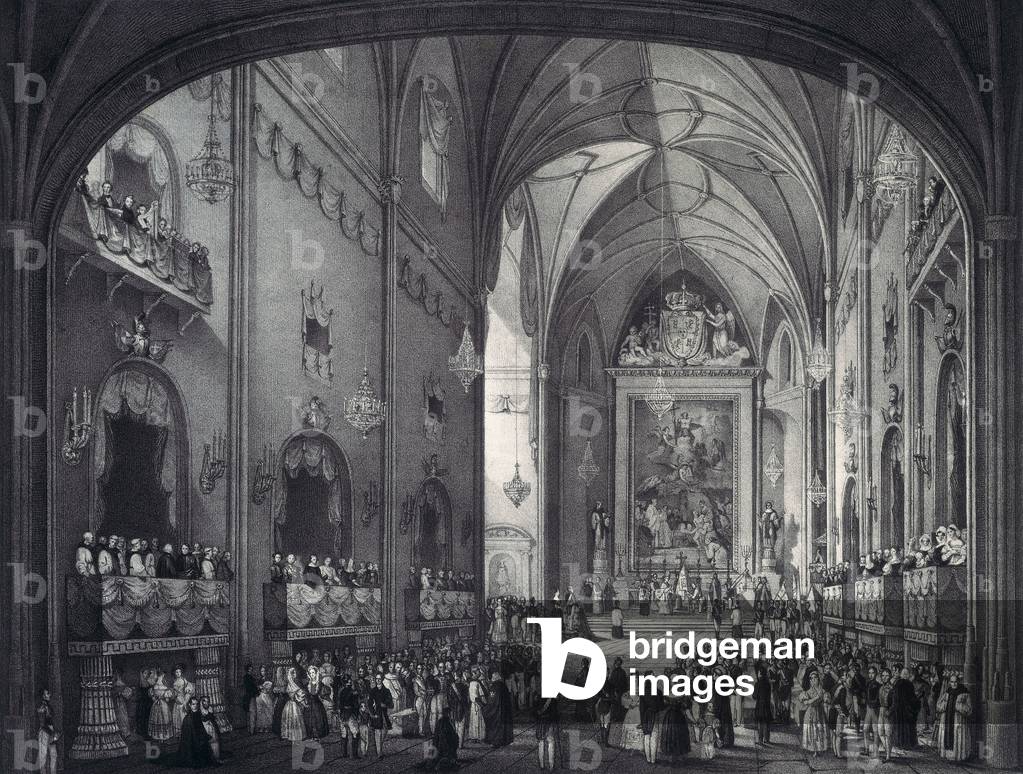 Benediction of the flags offered by Queen Mary Christine of Bourbon Siciles (1806-1878) to the various bodies of armor, in the church of the Royal Monastery of San Jeronimo in Madrid, June 28, 1832, 19th century (litho)