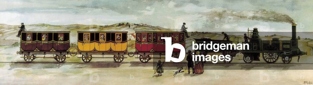 Railway line between Barcelona and Mataro (Barcelona-Mataro) inaugurated October 28, 1848. Different cars make up the train, the locomotive is steamed. Litography. Municipal Institute of History, Madrid.