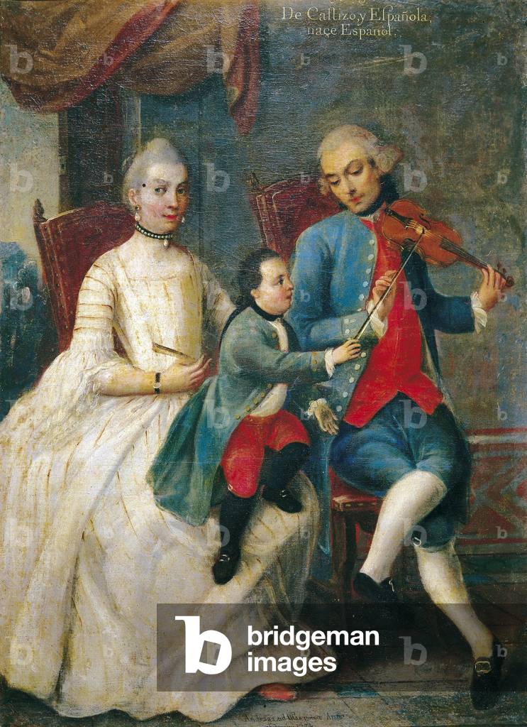 Metissage: series of paintings on births of parents of different blood. The father playing the violin lets his son sit on his mother's lap touch the archer. Painting by Andres de Islas (active 1753-1775), 1774 Oil on canvas, 75 x 54 cm. Madrid. Museum of America.