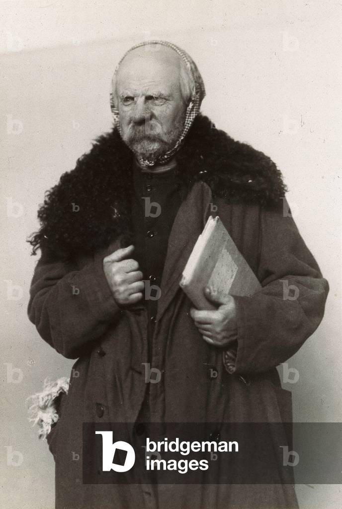 Portrait of actor Popov performs Ferapont in the play “The Three Sisters” , 1940 (photo)