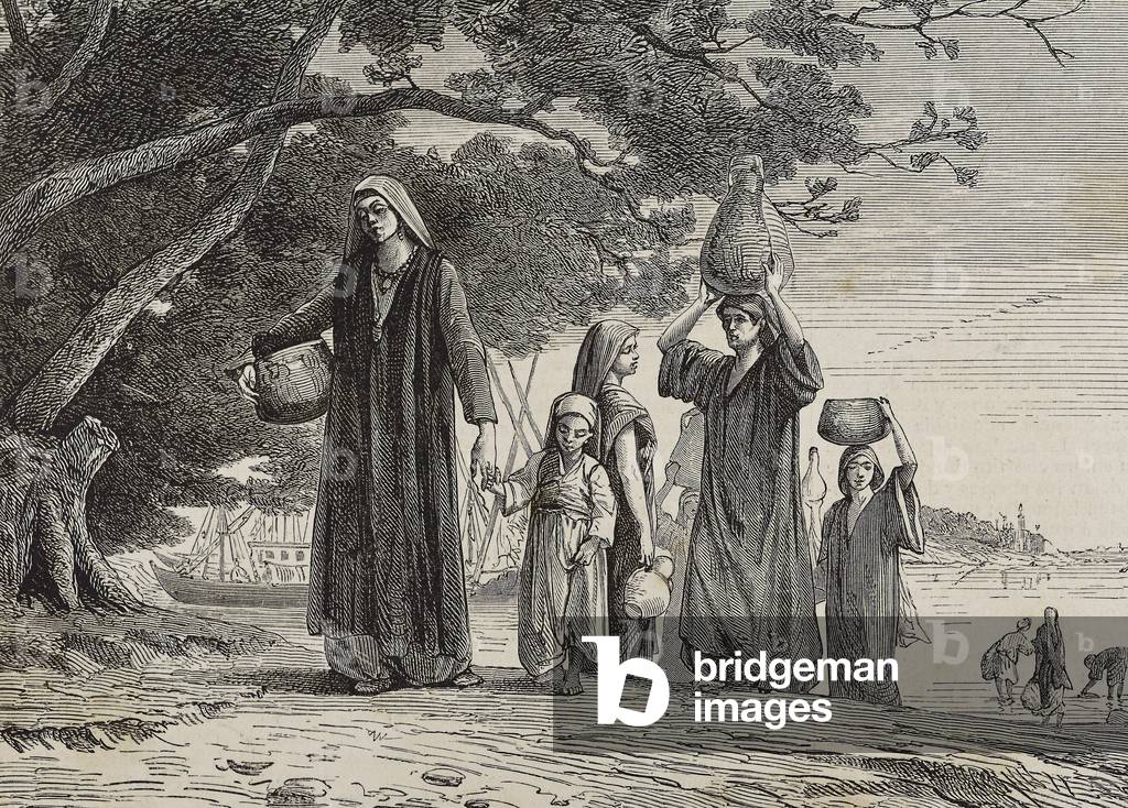 EGYPT (19th century). Female felahs carrying water. Illustration of 1880. Engraving. Private Collection ©Lorio/Iberfoto/Leemage