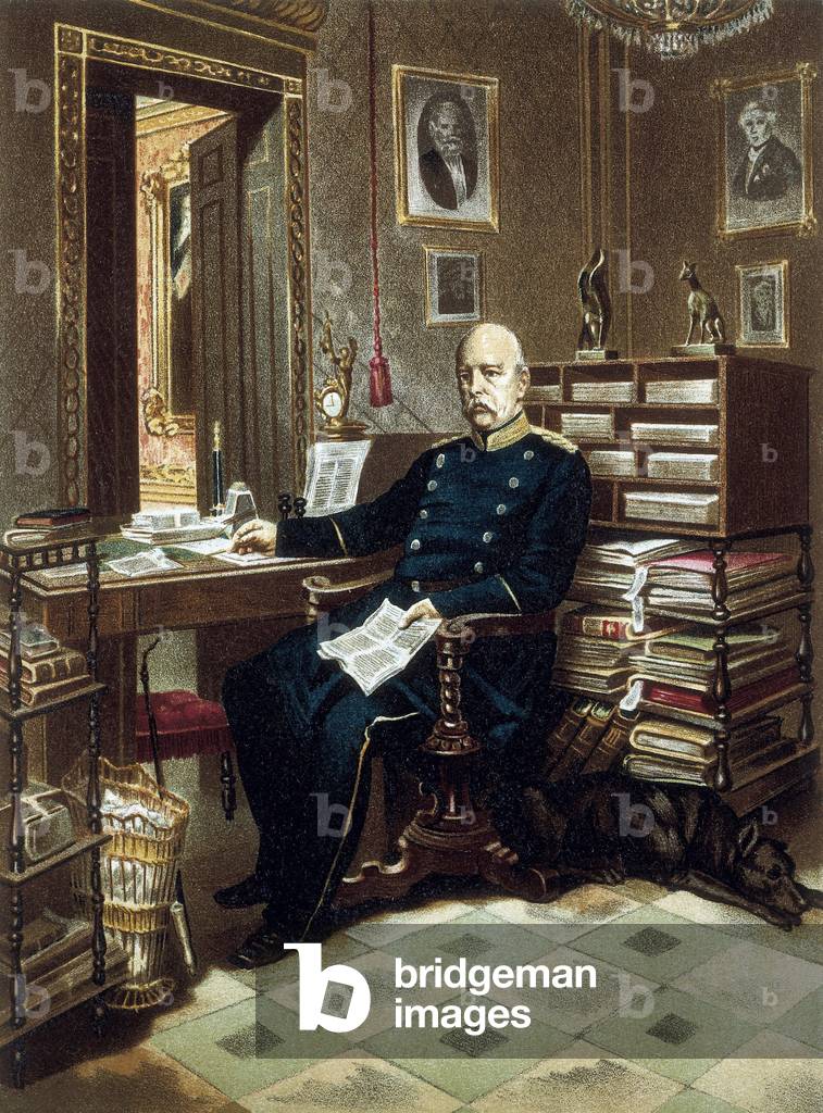 Portrait of Prince Otto von Bismarck (1815-1898), Chancellor and Prussian politician, in his office. Lithograph in colour, 19th century.