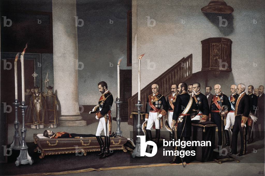 King Amedeo I in front of General Prim's coffin, engraving by J. Palacios, 19th century