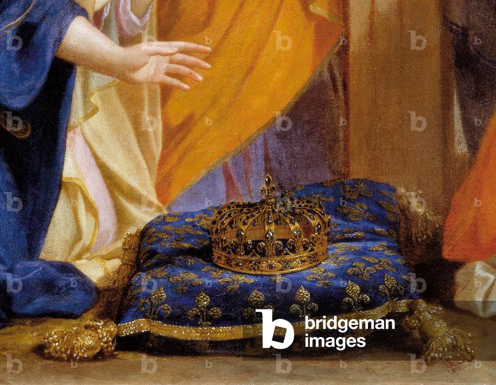 Le Crucifix aux anges. Detail de la couronne de France. Peinture de Charles Lebrun (Le Brun) (1619-1690). Vers 1660. Paris. Musee du Louvre.