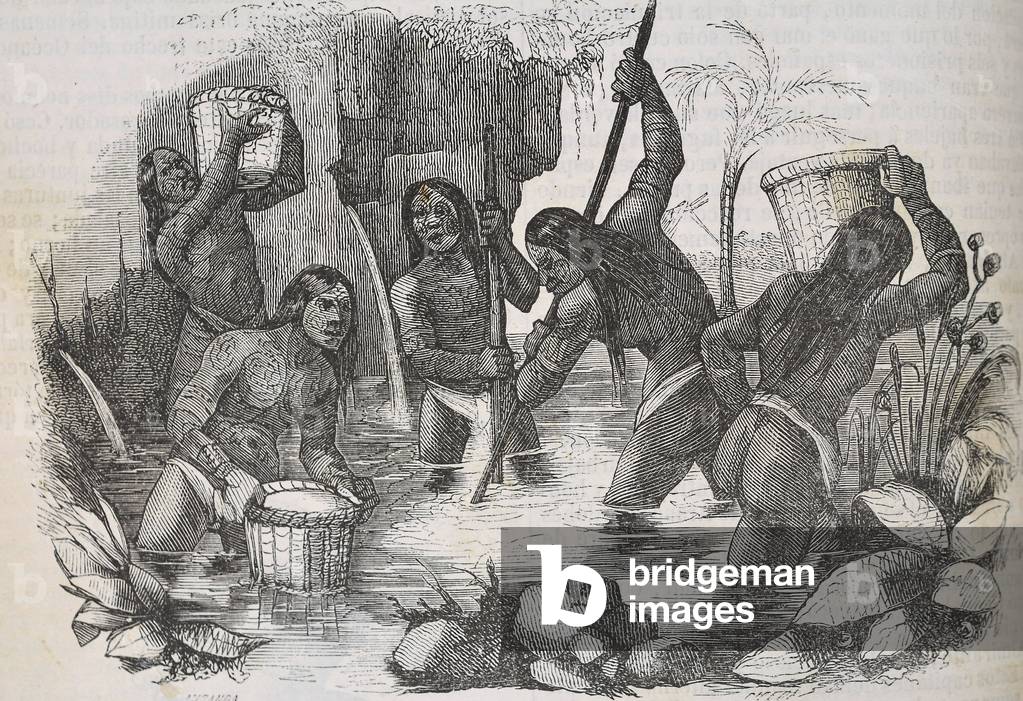 Indians from Island of Hispaniola panning for gold, 1851 (engraving)