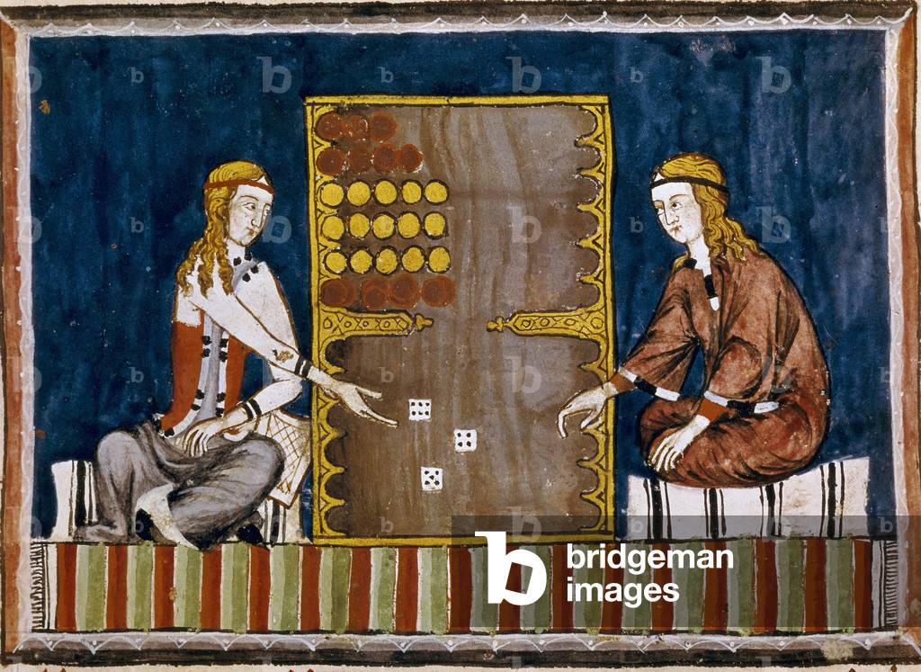 Two Backgammon Players, from the 'Book of Games, Chess, Dice and Boards', 1282 (vellum)