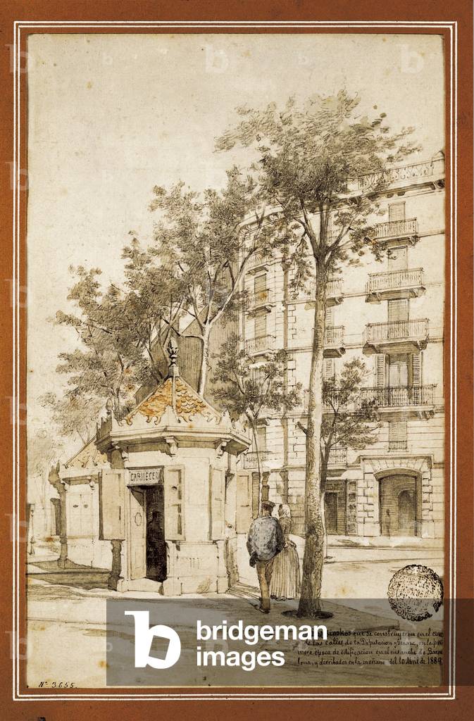 Kiosque a journaux construits au carrefour des rues Disputacion et Girona, Barcelone. Lithographie. Musee d'histoire de la ville de Barcelone (Espagne).