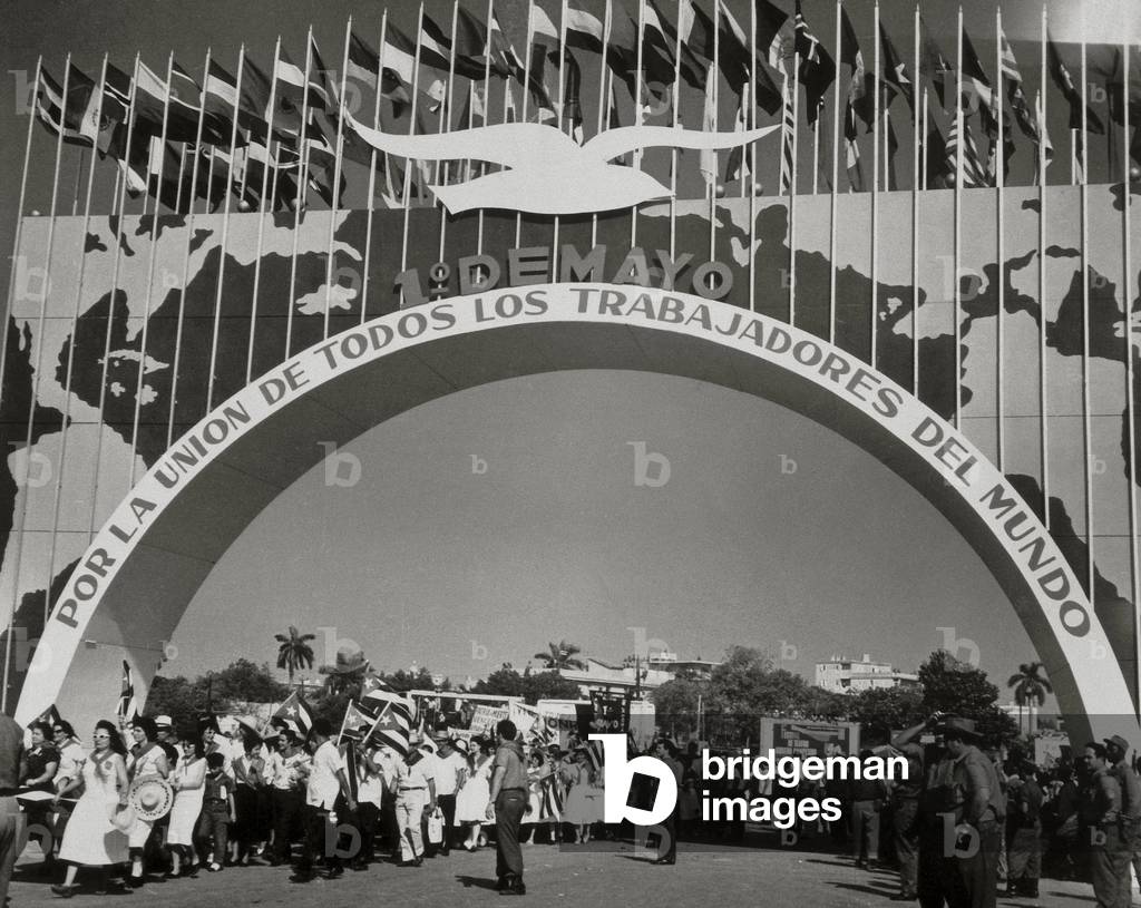 Cuban Revolution: First May demonstration in Havana. 1959-1960 Cuba (b/w photo)