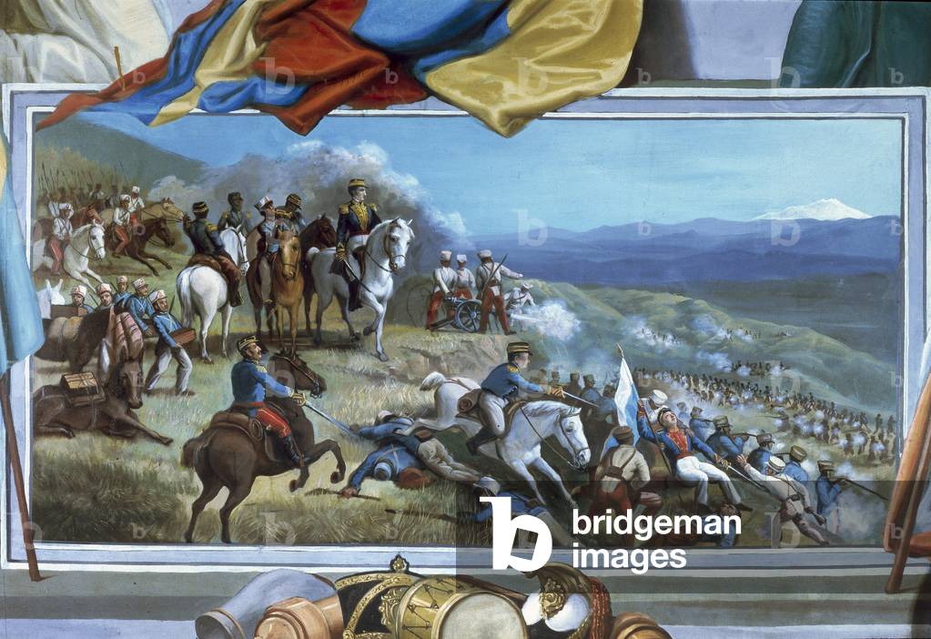 Simon Bolivar leading rebel troops against Agustin Agualongo's Spanish forces, fresco Ibarra city hall, Ecuador, 19th century (fresco)