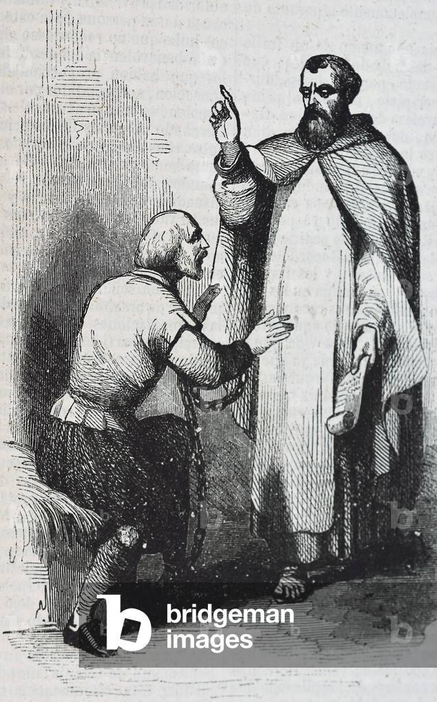 ALMAGRO, Diego de (1475-1538). Spanish conquistador in Peru. PERU (1538). Notification of the death sentence to Diego de Almagro. Illustration of 1851. Engraving. Private Collection ©Lorio/Iberfoto/Leemage