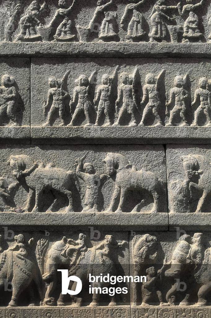Temple of Hazara Rama, detail of frieze with dancers, horses, elephants and Ramayana scenes, 15th century (stone relief)