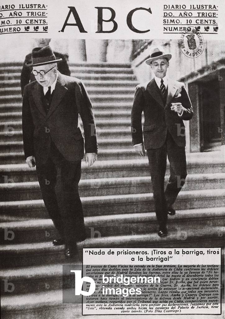 Spain, Madrid during the Spanish Civil War. Events of Casas Viejas. Manuel Azana (1870-1940) Spanish politician left the Palais de Justice in Madrid after testimoning the incidents. With him, Santiago Casares Quiroga. Cover of ABC newspaper.