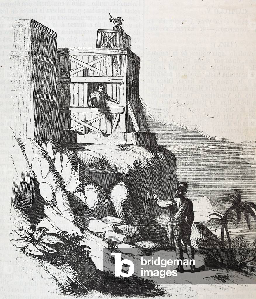 Francisco Roldan speaking with Adelantado Bartholomew Columbus on island of Hispaniola, in Fort Concepcion in 1497, 1851 (engraving)
