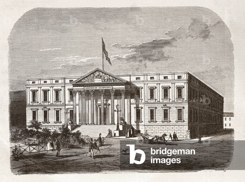 The Spanish Parliament (Congresso de los diputados), Madrid. Engraving 19th century.