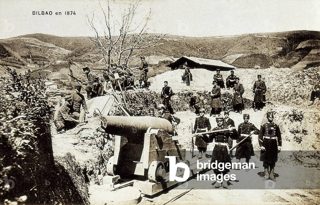 Third Carlist War (1872-1876): artillery pieces in Bilbao in 1874, late 19th century (b/w photo)