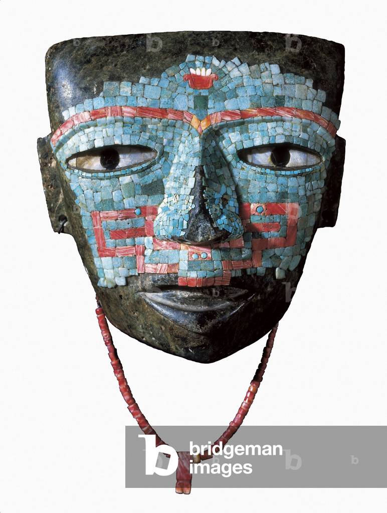 Funeral mask covered by turquoise and red shell mosaic. Artefact from Teotihuacan, Mexico. Teotihuacan Civilization, (300-650)