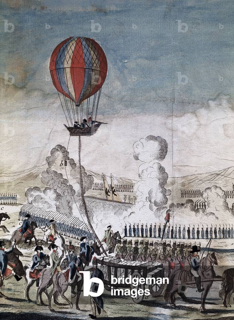 Hydrogen balloon for military use by Jean Marie Joseph Coutelle (1748-1835), 19th century (colour etching)