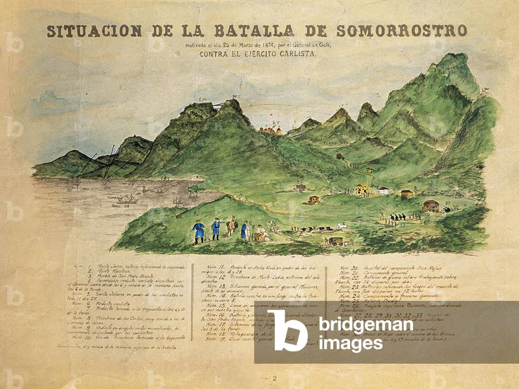 Third Carlist War (1872-1876): description of the Battle of Somorrostro in the Basque Country on 25/03/1874 (engraving)