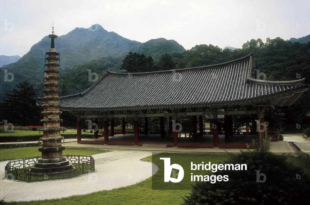 Octagonal stone pagoda and a pavilion of the Pohyon Temple in Myohyang, North Korea, built 1042 (photo)