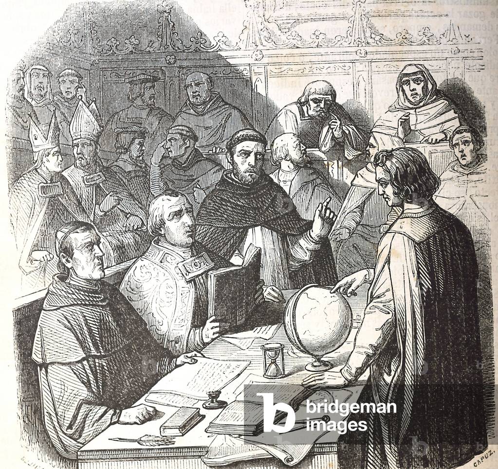 COLUMBUS, ChrIstopher (1451-1506). Sailor at the Catholic Monarchs' service, discoverer of America in 1492. Columbus before the Council of Salamanca. Illustration of 1851. Engraving. Private Collection ©Lorio/Iberfoto/Leemage
