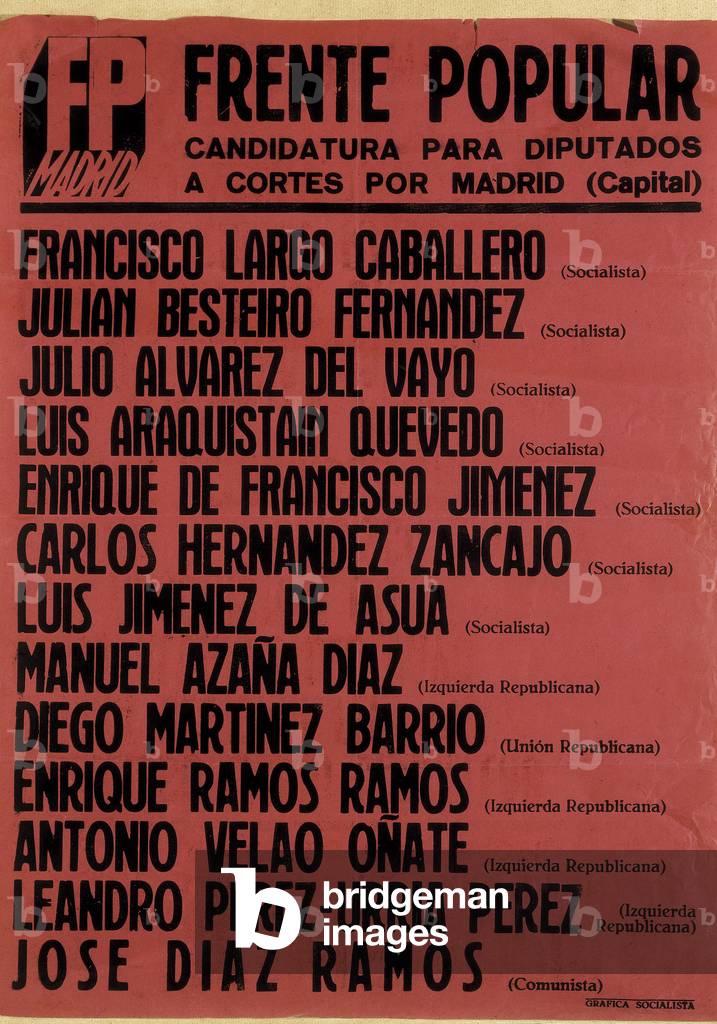 Candidacy of the Popular Front of Madrid, Spain, Second Republic (1931-1936), 20th century (colour litho)