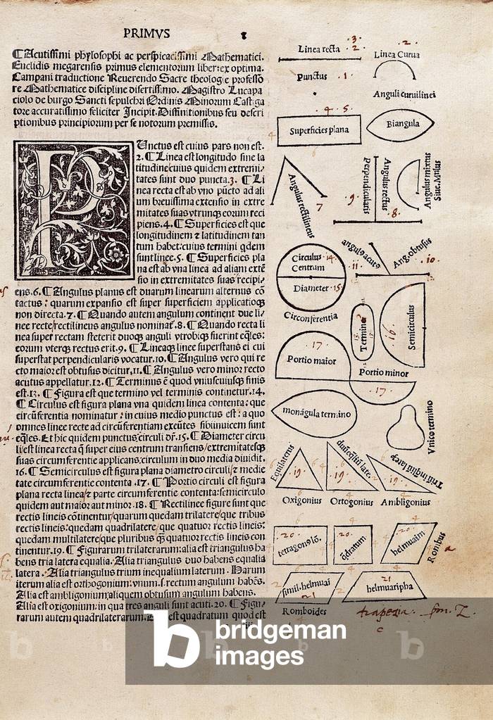 Printed page from the first book of the ancient Greek mathematician Euclid (325-265 BC) 