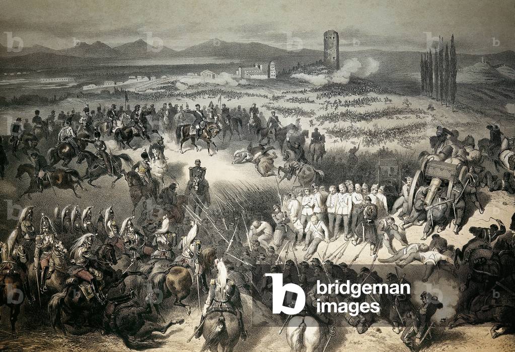 The unification of Italy (Risorgimento): the battle of Solferino, 24 June 1859, 19th century (etching)