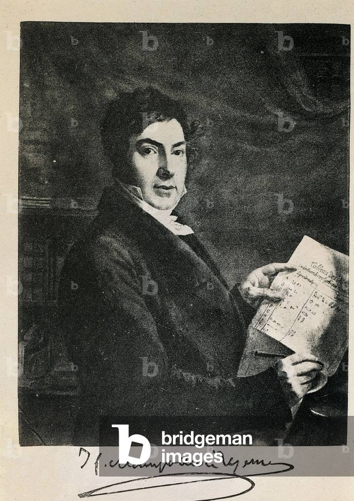 Portrait of the French Egyptologist Jean Francois (Jean-Francois) Champollion (1790-1832). Engraving of the 19th century