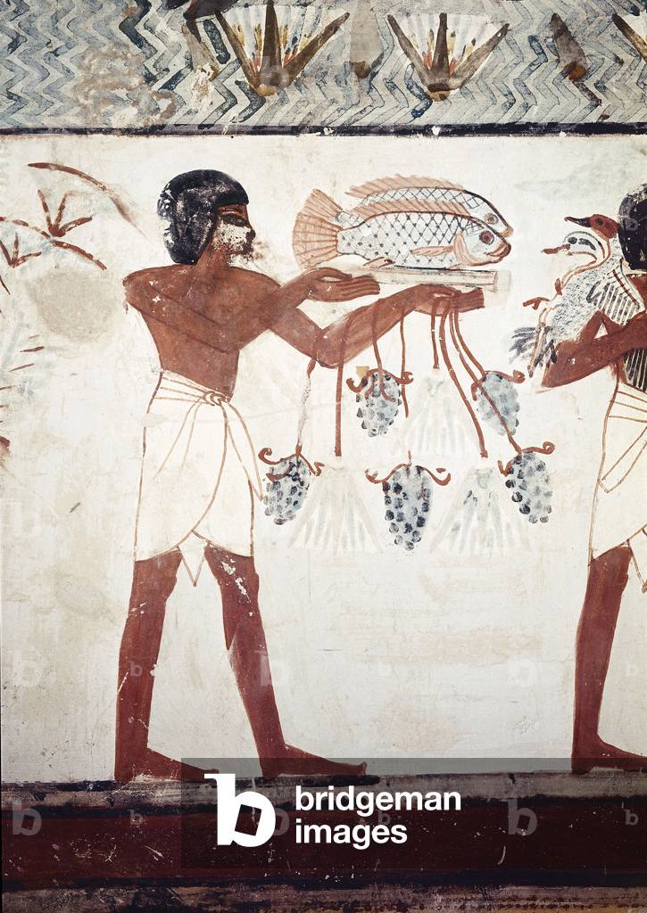 A servant carrying fish and grapes, from the Tomb of Menna, New Kingdom (wall painting)