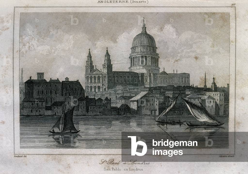 View of Saint Paul's Cathedral in London near the Thames, 19th century (engraving)