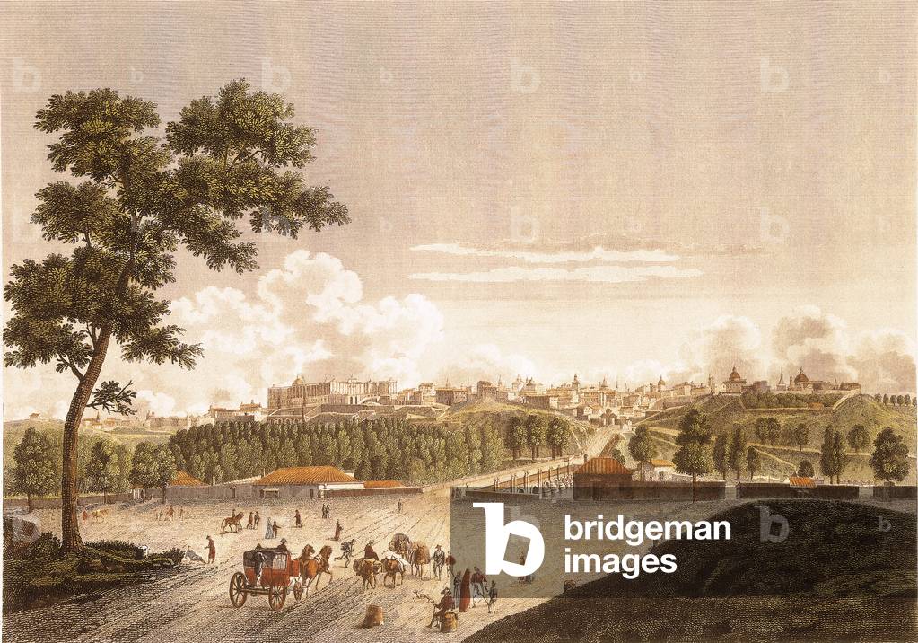 View of Madrid taken from the road to Segovia (colour etching)