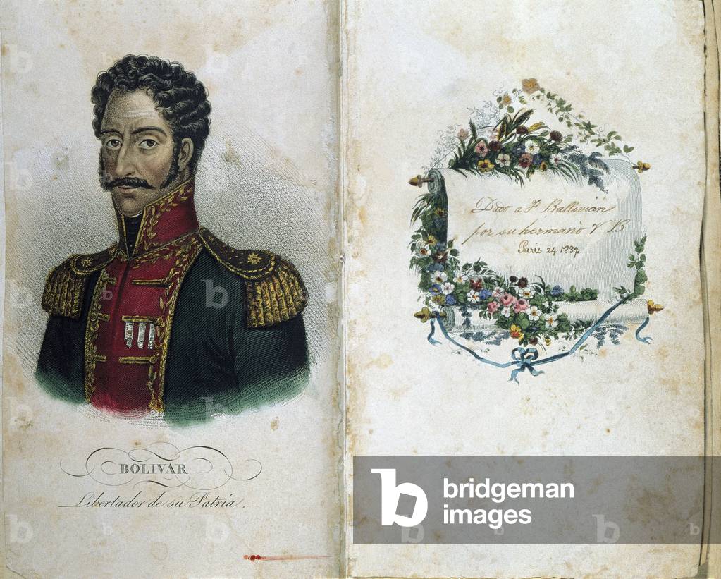 Portrait of Simon Bolivar (1783-1830), Venezuelan general and statesman, hero of the Spanish-American independence, illustration for the song 