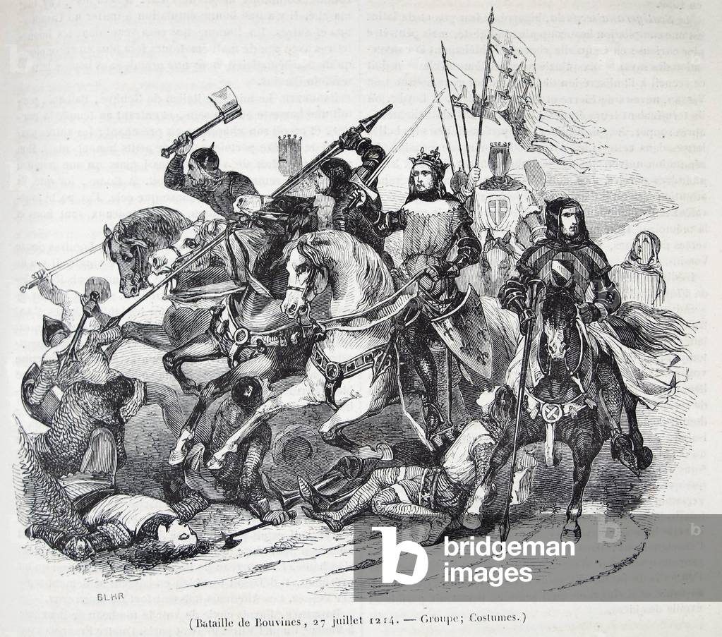 Bouvines battle in 1214 won by French king Philippe Auguste on german emperor Otto IV. Le Magasin Pittoresque, 1845 (engraving)