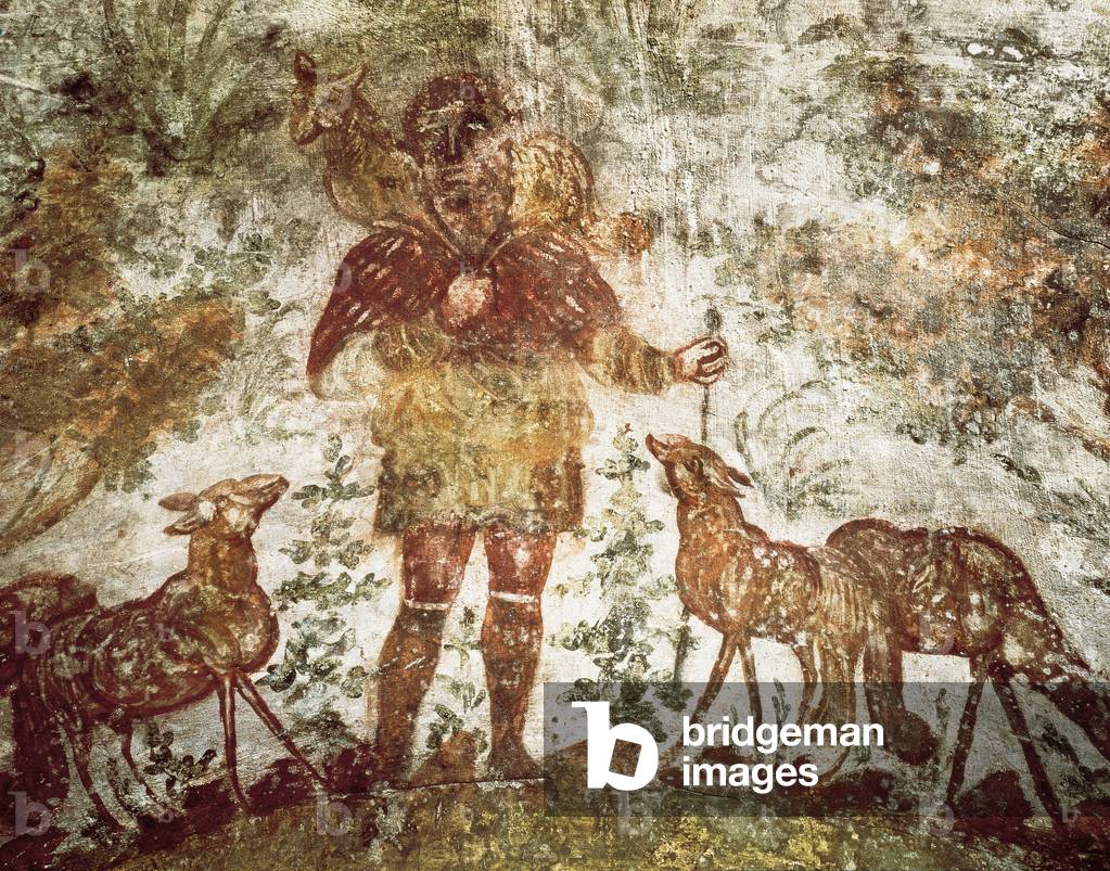 Representation of the Good Shepherd who found the lost sheep, Catacombs of Saint Domitilla, Rome, 3rd century (fresco)
