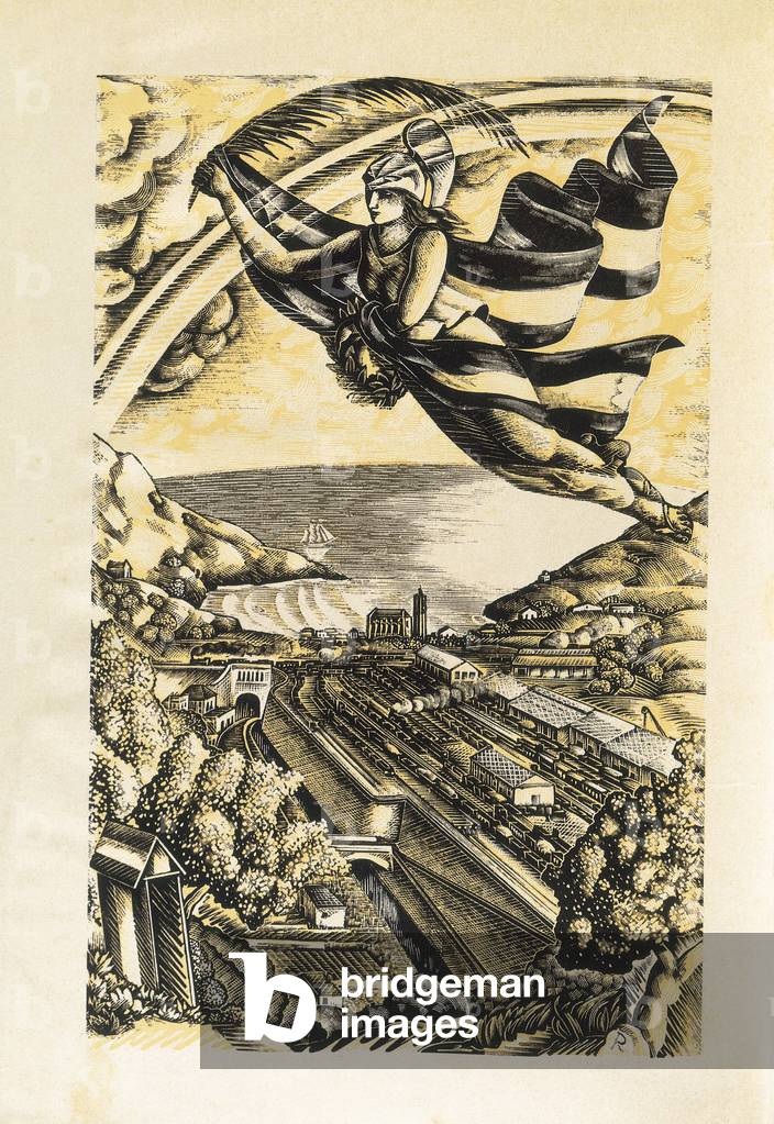 Portbou (Spain). Xylography in colors, 1939, engraving by Enric Ricart i Nin (1893-1960)