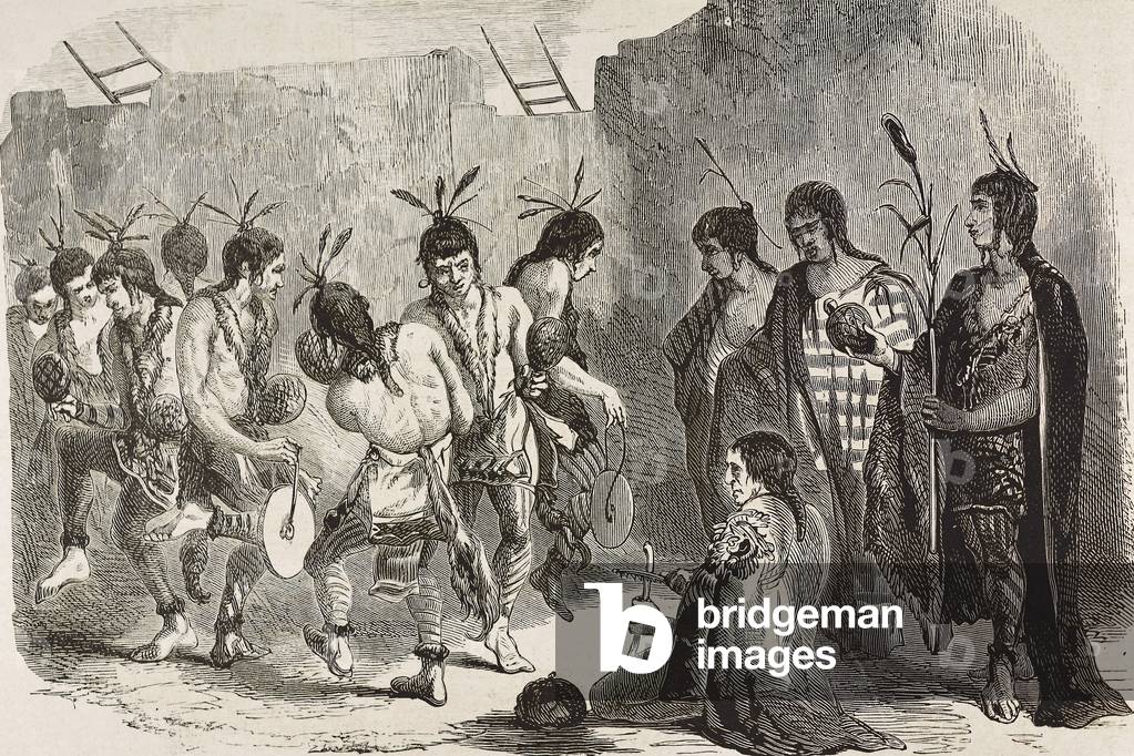 Indian dance (c19th). The dancers are natives of one of the islands of the Indian Archipelago. illustration of 1880. Engraving. Private Collection ©Lorio/Iberfoto/Leemage