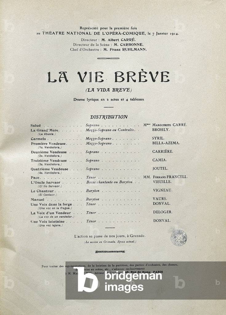 Program and repertoire of Manuel Falla's first performance of “La vie breve” (Vida breve), on 07/01/1914