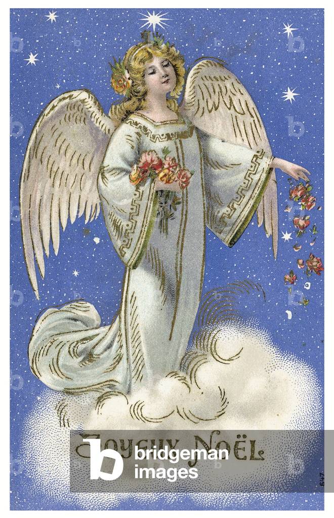 Postcard for Christmas greetings depicting an angel throwing flowers into the sky, France, 1902 (chromolithography)