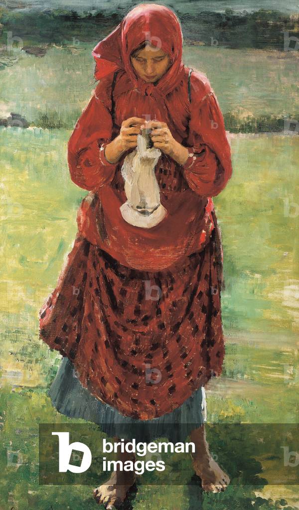 A young peasant woman knitting a stocking, 1895 (oil on canvas)