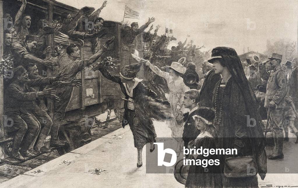 First World War 1914-1918: France (1918). Passing American soldiers in a Parisian station. Women salute fighters (engraving)